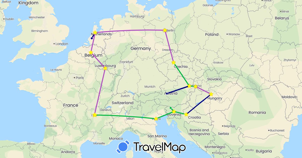 TravelMap itinerary: driving, bus, train in Austria, Belgium, Czech Republic, Germany, France, Croatia, Hungary, Italy, Luxembourg, Netherlands, Slovenia, Slovakia (Europe)