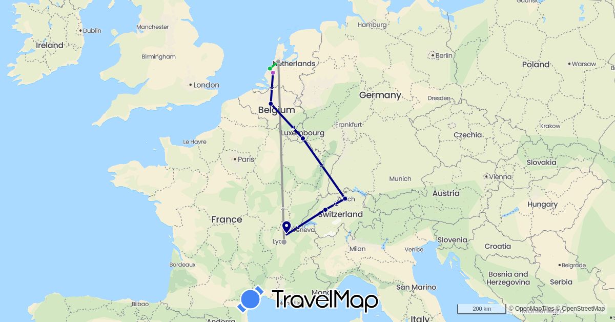 TravelMap itinerary: driving, bus, plane, train in Belgium, Switzerland, France, Luxembourg, Netherlands (Europe)